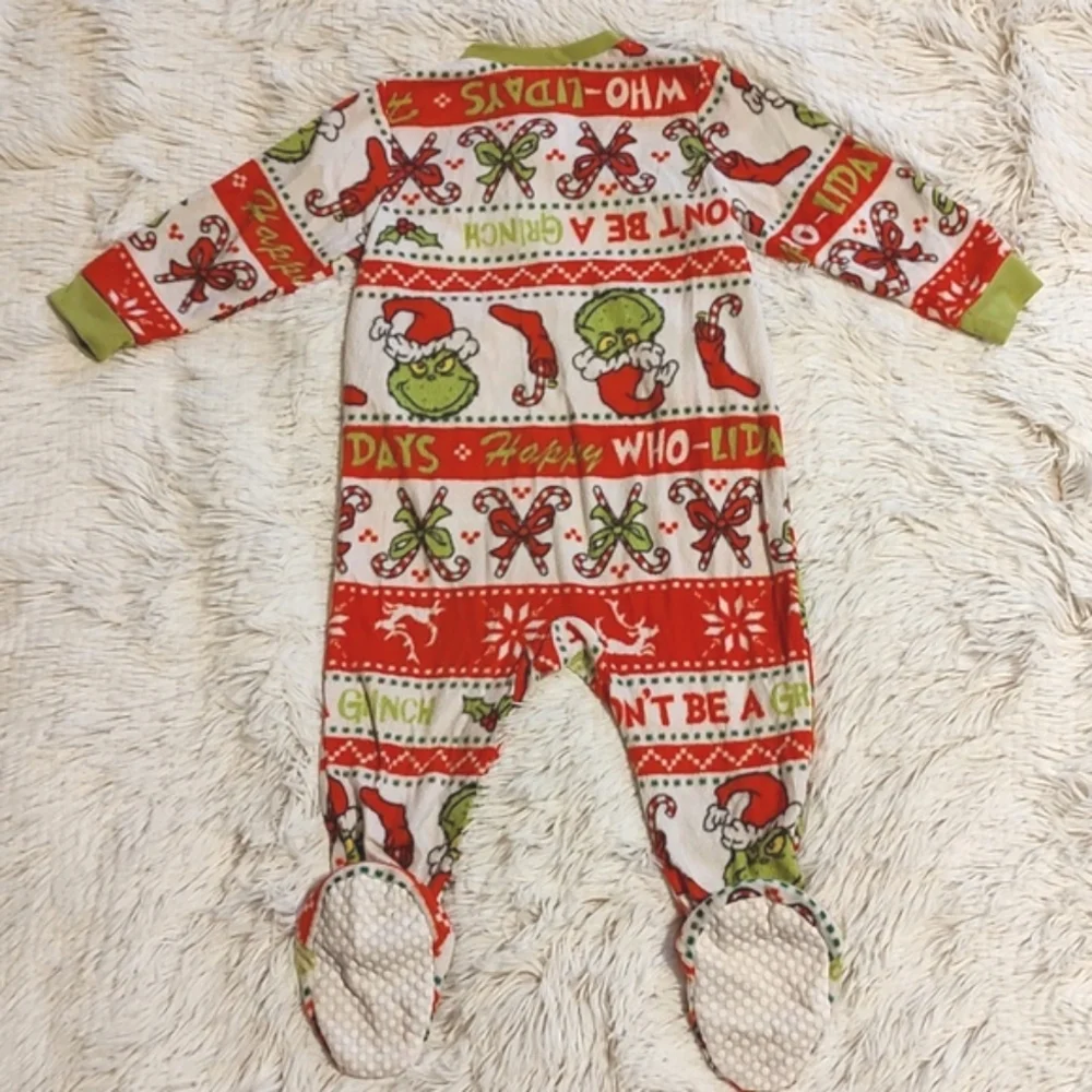 🎄Grinch Toddler Long Sleeve Fleece Christmas Zip-Up Footie Pajamas Size 12 Mos
